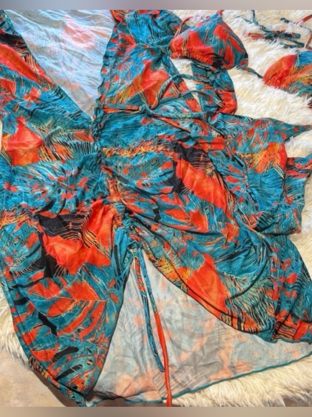 Roxylicia Teal & Orange Tropical Ruched Bikini Dress Large 🔥🩵🔥🩵🔥 - Picture 8 of 8